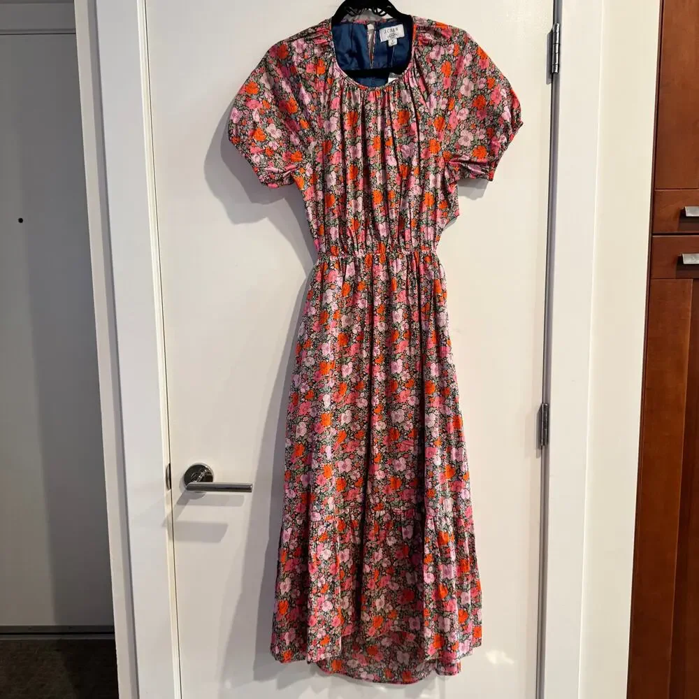New J. Crew Side-Cutout Floral Dress Orange Tiered Back Zip Puff Sleeve Sz 8